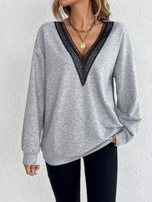 SHEIN Tall 水溶蕾絲拼接落肩袖運動衫 - 淺灰色 - 查看 3