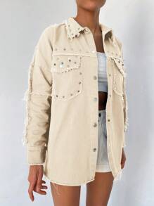 Cottnline Flap Pocket Raw Trim Button Front Denim Jacket - Beige - View 3