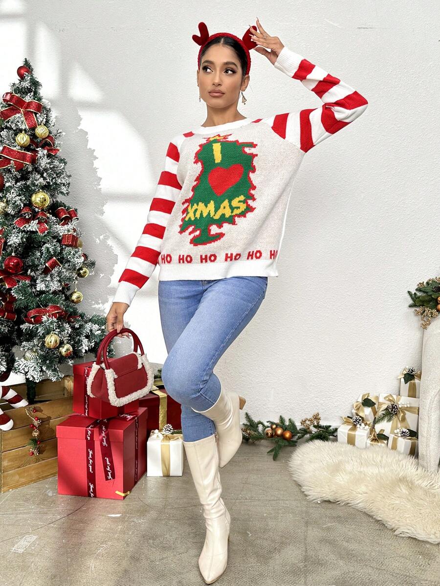 SHEIN LUNE Jersey con patrón de Navidad de manga raglán - Blanco - Ver 1