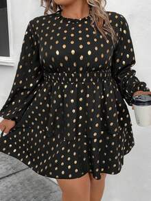 SHEIN CURVE+ 大碼燙金燈籠袖荷葉邊洋裝 - 黑色 - 查看 5