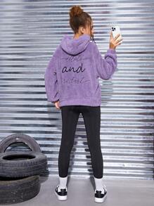 SHEIN Teen Girl Letter Embroidery Drop Shoulder Hoodie - Purple - View 6