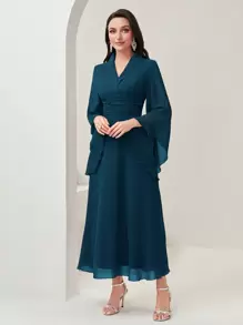 Modelyn Surplice Neck Flounce Sleeve Ruched Waist Dress Long Evening Dresses - Teal Blue - View 3