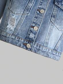 Tween Girl Ripped Flap Pocket Denim Jacket - Medium Wash - View 4