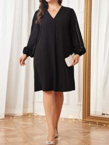 SHEIN Clasi 大碼蕾絲拼接燈籠袖洋裝 - 黑色 - 查看 1