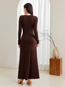 Modelyn 鏤空條紋針織毛衣洋裝 - 咖啡棕 - 查看 2