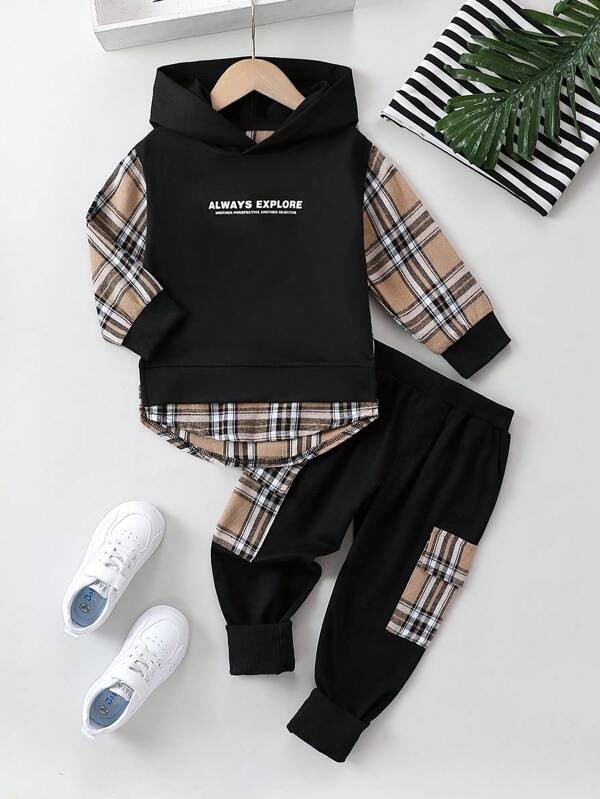 SHEIN Kleiner Junge Plaid & Buchstaben Grafik, Hoodie mit & Pattentasche, Jogginghose mit