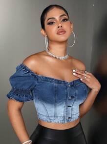 SHEIN SXY 一字肩荷葉袖短款牛仔上衣 - 中等水洗藍 - 查看 6