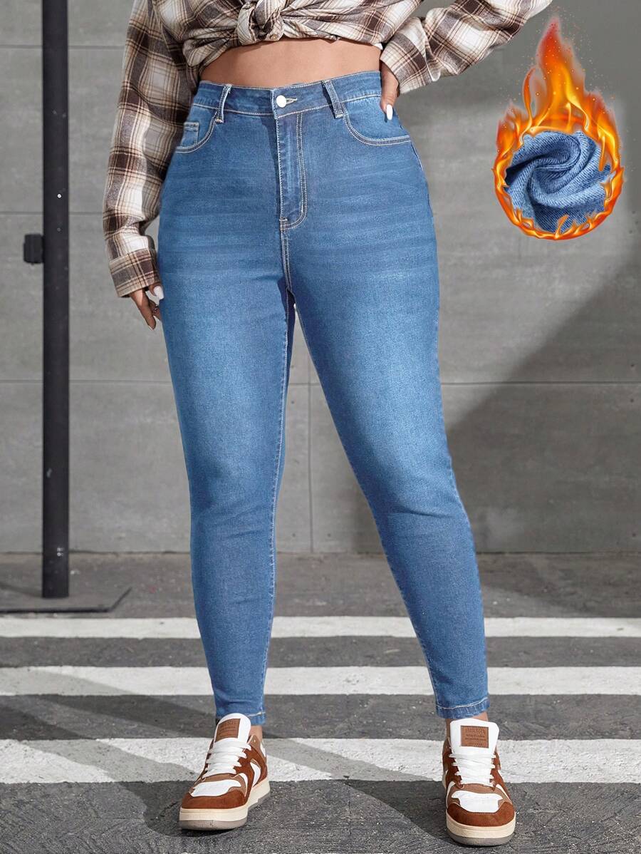 SHEIN EZwear 大碼拉絲織物保暖高腰漂白水洗緊身牛仔褲 - 藍色 - 查看 1