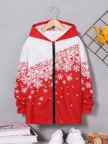 SHEIN Tween Girl Snowflake Print Zip Up Hooded Coat - Red and White - View 3