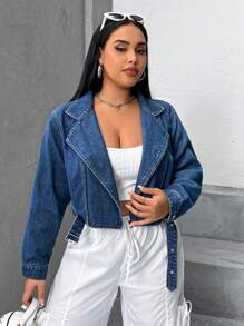SHEIN EZwear Hơn Khóa thắt lưng Moto Áo khoác denim - Rửa tối - Xem 4
