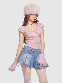 ROMWE Kawaii Frill Trim Bow Front Tee - Pink - View 3