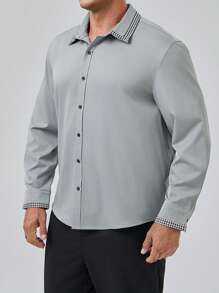 Manfinity Homme Hombres talla grande Camisa ribete de rayas con botón - Gris Oscuro - Ver 3