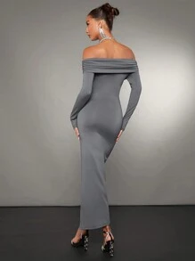 SHEIN BAE 一字肩褶邊高衩緊身洋裝 - 灰色 - 查看 2