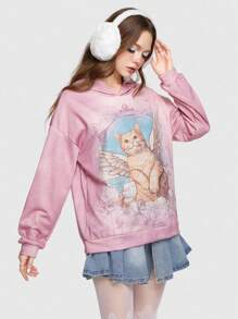 ROMWE Kawaii 卡通圖案落肩袖連帽衫 - 粉色 - 查看 1