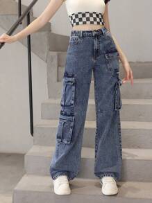 Teen Girl Flap Pocket Cargo Jeans - Dark Wash - View 3