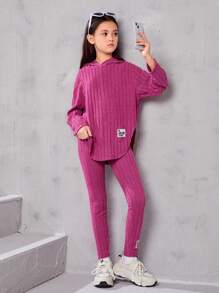 SHEIN Leap Crew Tween Girl Letter Patched Drop Shoulder Hooded Tee & Leggings - Hot Pink - View 1