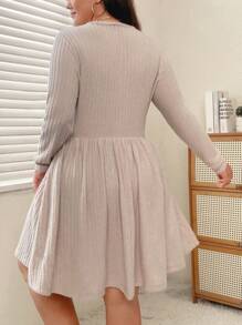 SHEIN Essnce Plus Solid Ribbed Knit A-line Dress - Apricot - View 2