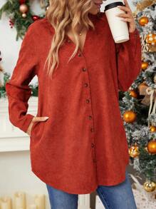 SHEIN LUNE 素色前紐扣襯衫 - 紅色 - 查看 1