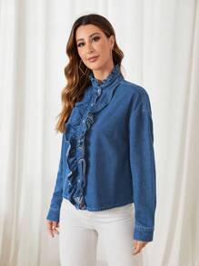 SHEIN Privé Drop Shoulder Ruffle Trim Denim Shirt - Dark Wash - View 3