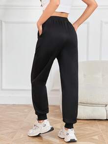 SHEIN EZwear 卡通和字母圖案彈性腰帶衛褲 - 黑色 - 查看 6