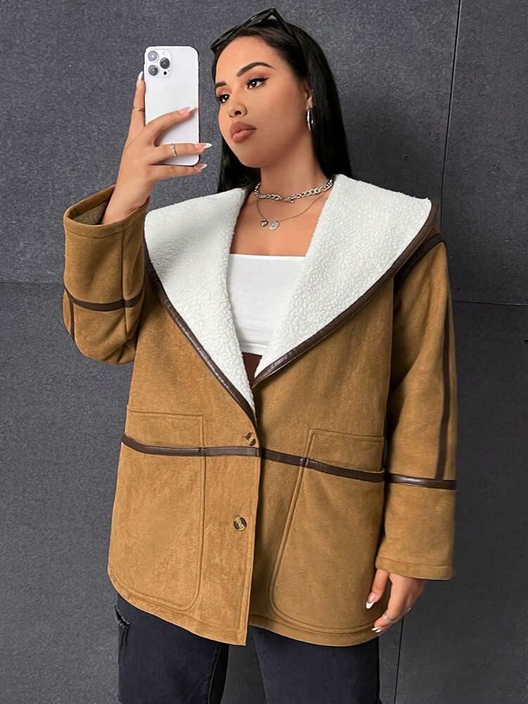 Plus Waterfall Collar Teddy Lined Contrast Binding Coat