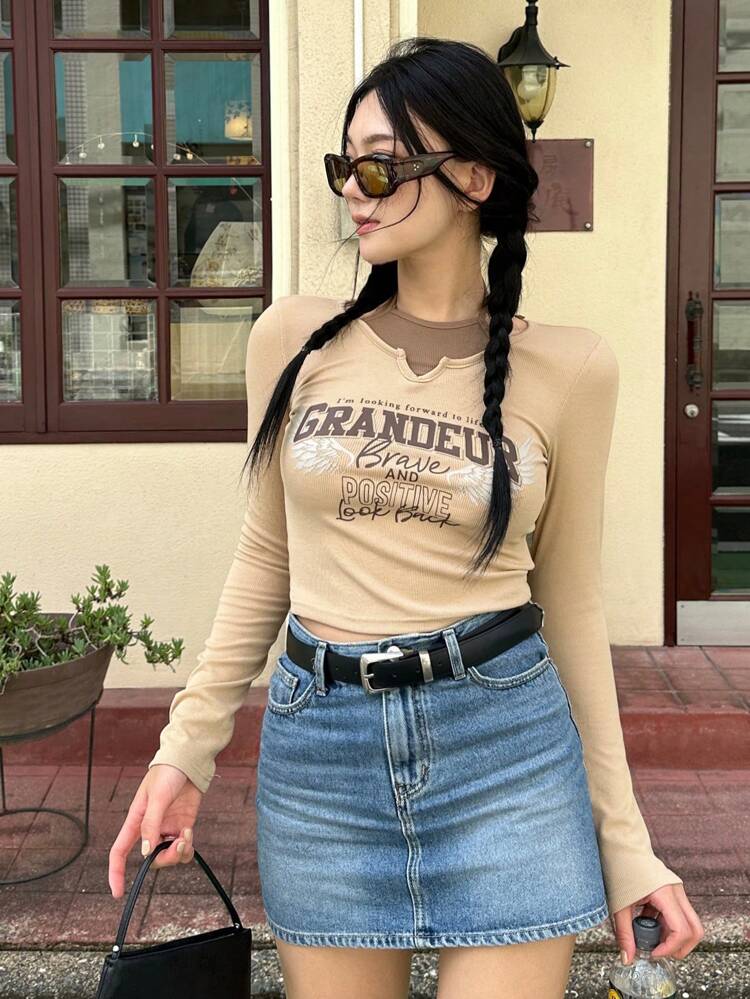 Letter Graphic Crop Tee Long Sleeve Women Tops