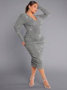 SHEIN SXY 大碼側收褶金屬亮絲緊身洋裝 - 香檳色 - 查看 1