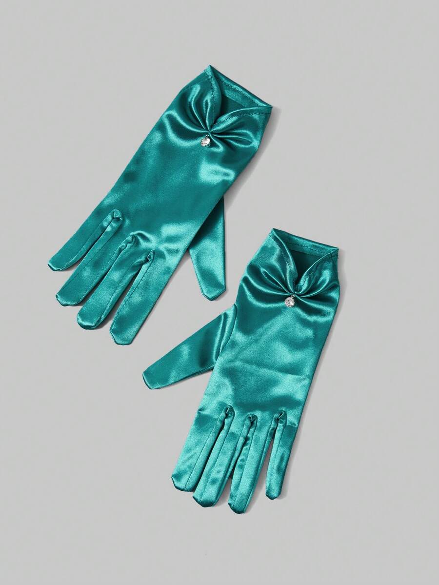 SHEIN Belle 1pair Rhinestone Decor Pleated Evening Short Gloves - Dark Green - View 1