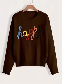 Flirla Plus Letter Pattern Drop Shoulder Sweater Knit Pullover Fall Winter Sweater - Coffee Brown - View 1