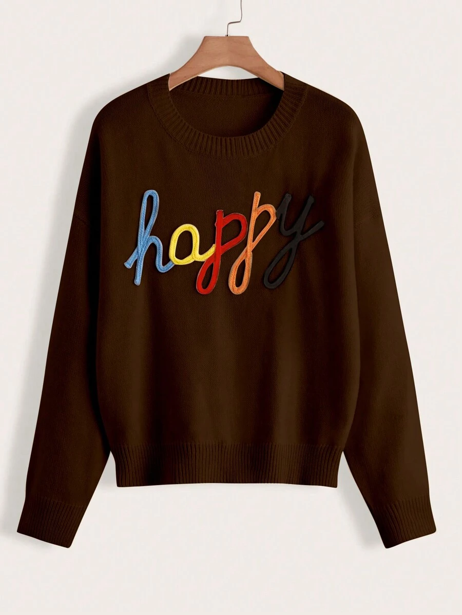 Flirla Plus Letter Pattern Drop Shoulder Sweater Knit Pullover Fall Winter Sweater - Coffee Brown - View 1