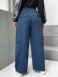 SHEIN EZwear 大碼高腰側翻蓋口袋工裝牛仔褲 - 深色水洗藍 - 查看 2
