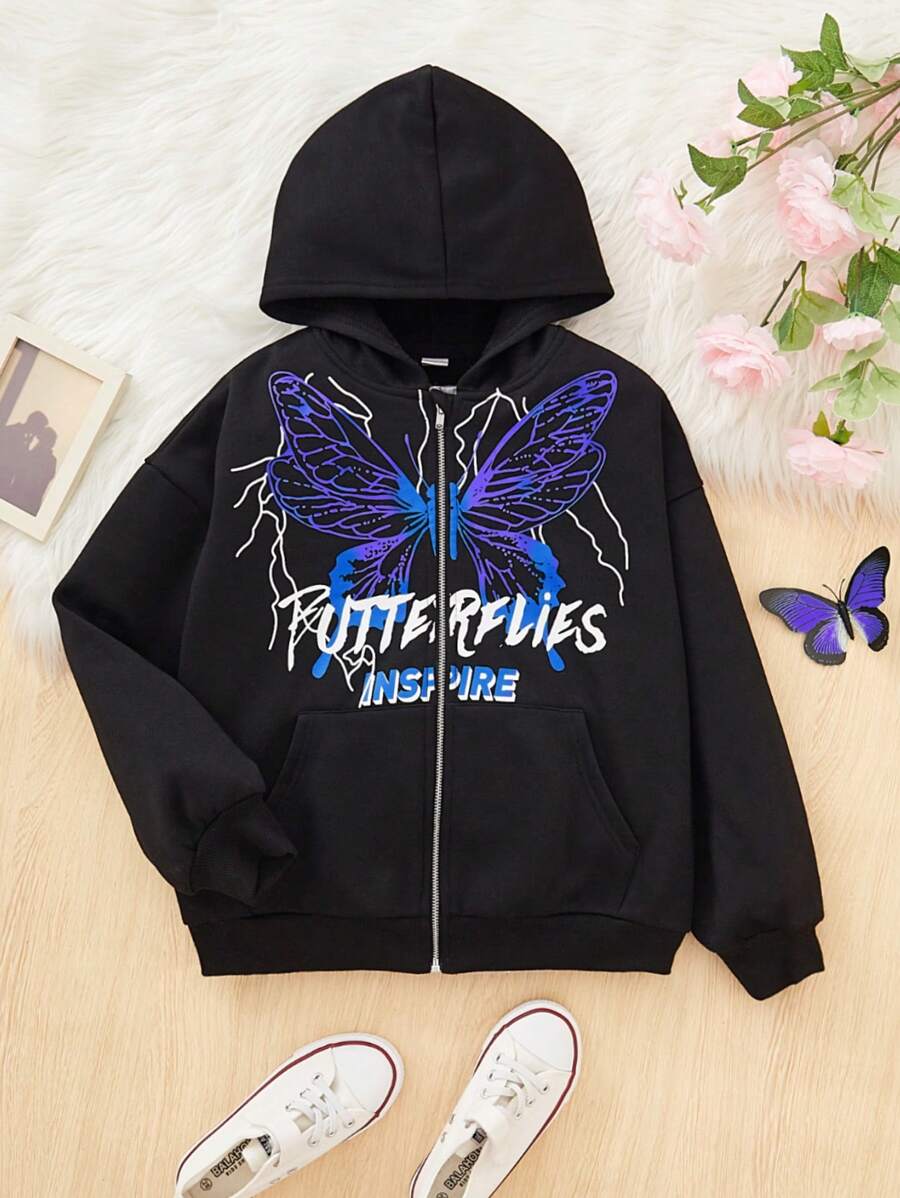 Tween Girl Butterfly & Letter Graphic Zip Up Hoodie - Black - View 1