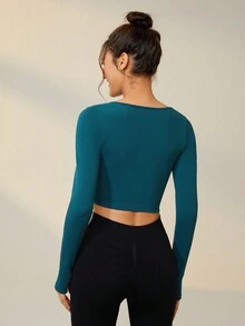 Lifespree Solid Ruched Front Crop Tee workout tops - Dusty Blue - View 2