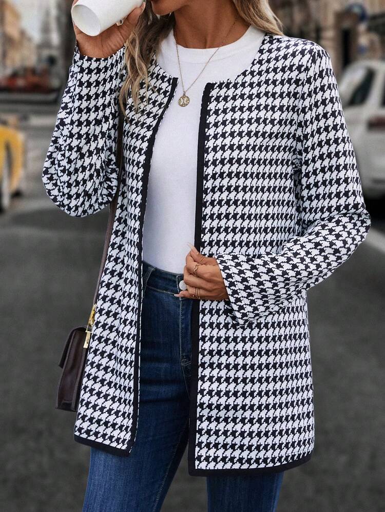 Houndstooth Print Open Front Contrast Binding Open Front Coat Fall Cloth For Women