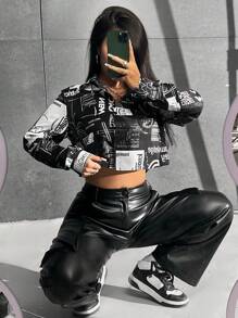 Muchica 女士休闲时尚街头拼接印花短款宽松衬衫，春秋季 - 黑與白 - 查看 5