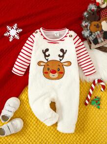 SHEIN Baby Girl Striped & Elk Embroidery Fluffy Jumpsuit - Multicolor - View 1