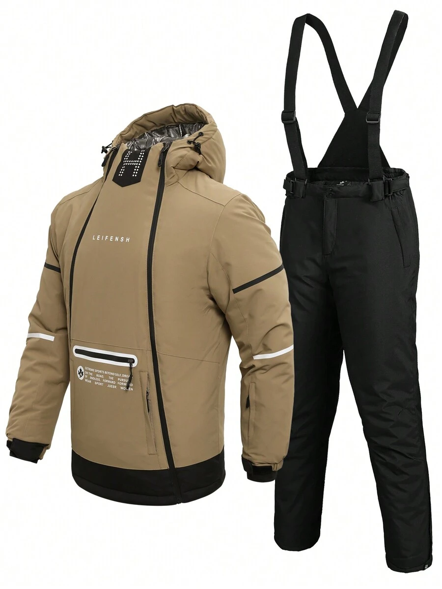 Men Letter Graphic Hooded Jacket & Overall Jumpsuit - Khaki - View 1