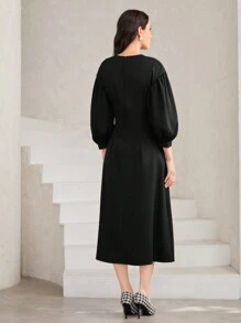Modelyn Solid Lantern Sleeve Dress Long Evening Dresses