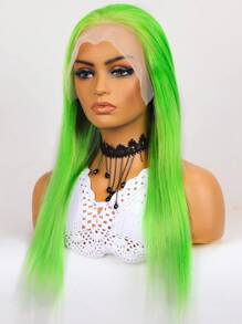 萬聖節黑暗輝光粘液螢光綠直筒人類頭髮13x4透明蕾絲正面假髮 - SGreen - 查看 4