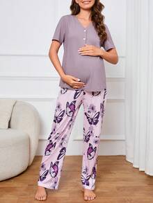 孕婦印花前紐扣睡衣套裝 - 彩色 - 查看 3