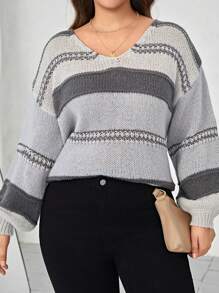 SHEIN LUNE Plus Colorblock Drop Shoulder Sweater - Grey - View 1