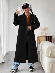 SHEIN Unity 西裝領雙排釦腰帶長款花呢外套 - 黑色 - 查看 4