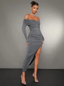 SHEIN BAE 一字肩褶邊高衩緊身洋裝 - 灰色 - 查看 4