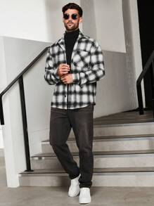 Manfinity VCAY Men's Plaid Print Pocket Patched Oversized Overcoat - Black and White - View 3