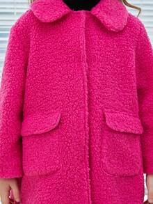 SHEIN Young Girl Flap Pocket Snap Button Up Drop Shoulder Teddy Coat - Hot Pink - View 6