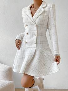 RosyDaze 格紋雙排釦荷葉邊粗花呢洋裝