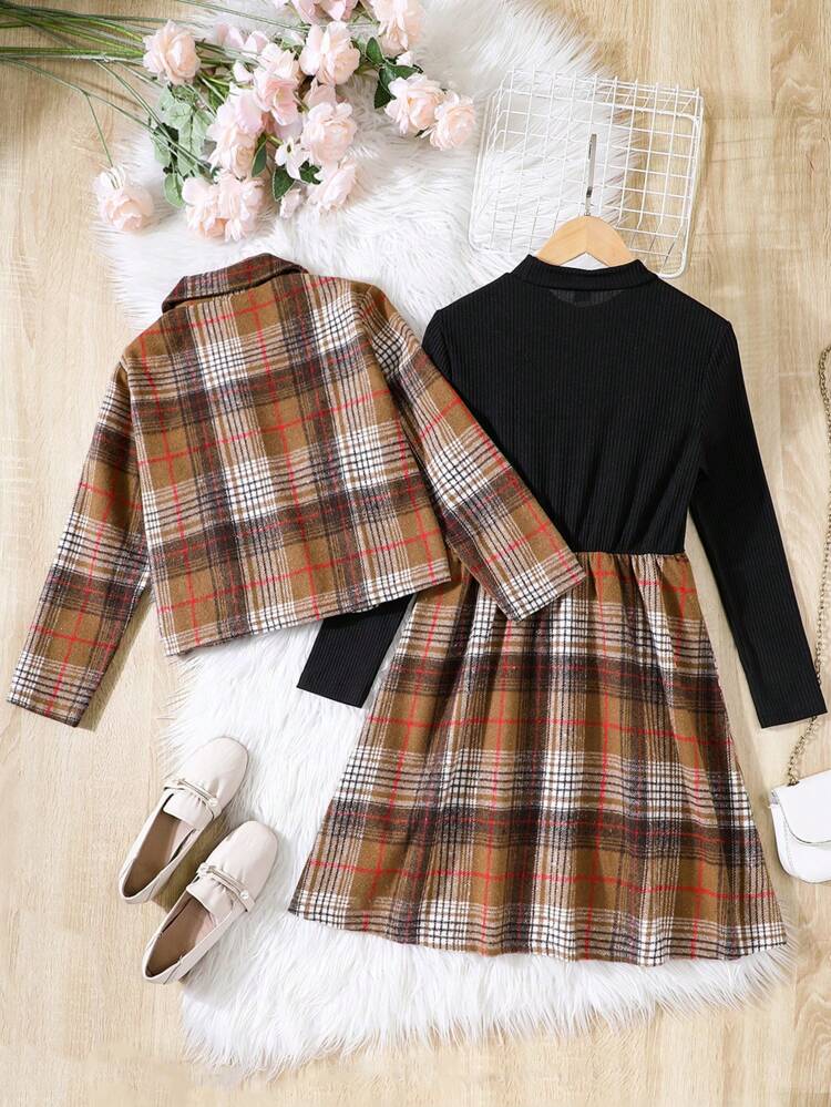 Tween Girl Plaid Print Lapel Neck Blazer & Dress