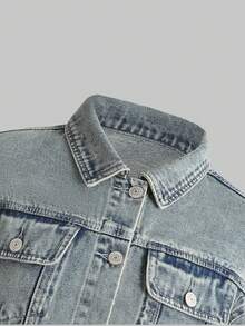 Tween Girl Flap Detail Denim Jacket - Light Wash - View 4