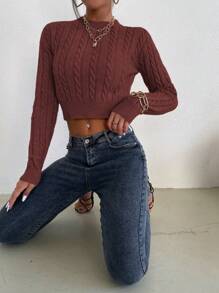 SHEIN Essnce Cable Knit Crop Sweater - Burgundy - View 6