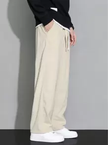 Men Letter Patched Detail Drawstring Waist Pants - Apricot - View 6